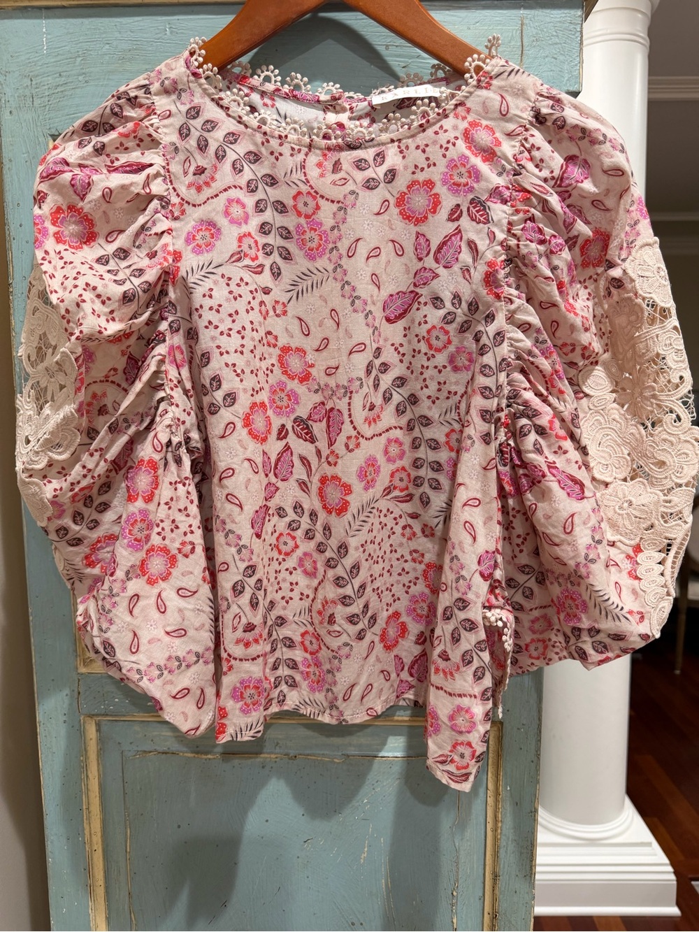 Karlie Boho Floral Paisley Lace Puff Sleeve Blouse M Pink